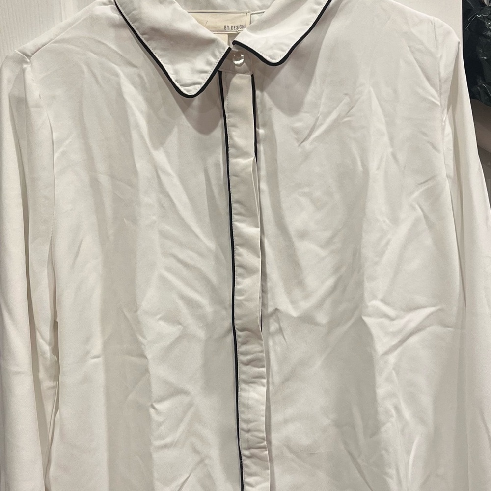 White Button-Up Shirt with Black Trim
